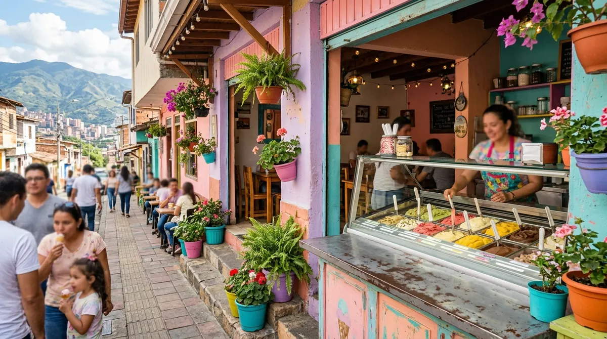 Heladería de barrio abierta a la calle en una tarde soleada