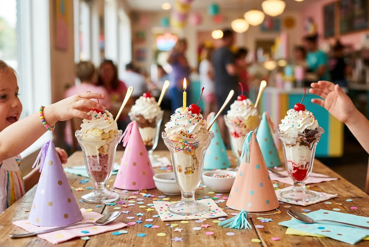 Mesa de cumpleaños con copas de helado y gorritos de fiesta