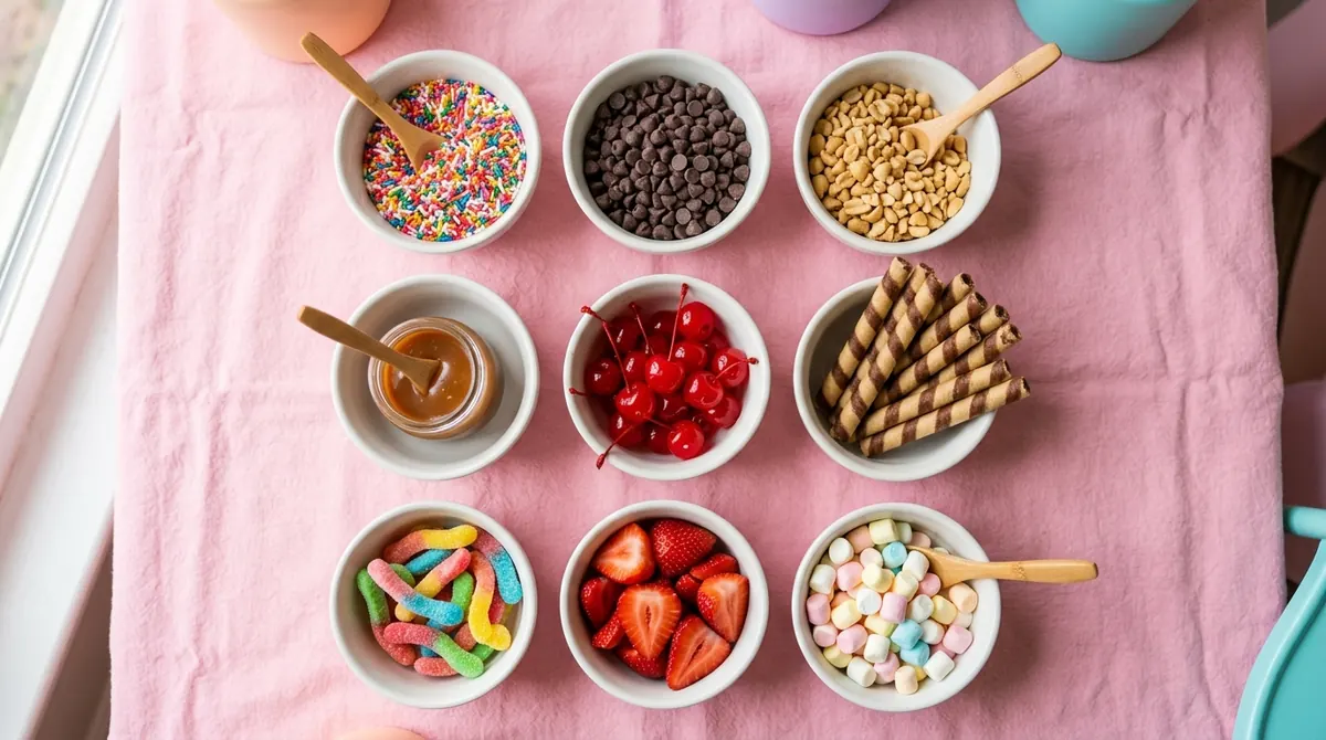 Toppings en tazones: grageas, chips, maní, barquillos, cerezas, fresas, gomitas y masmelos